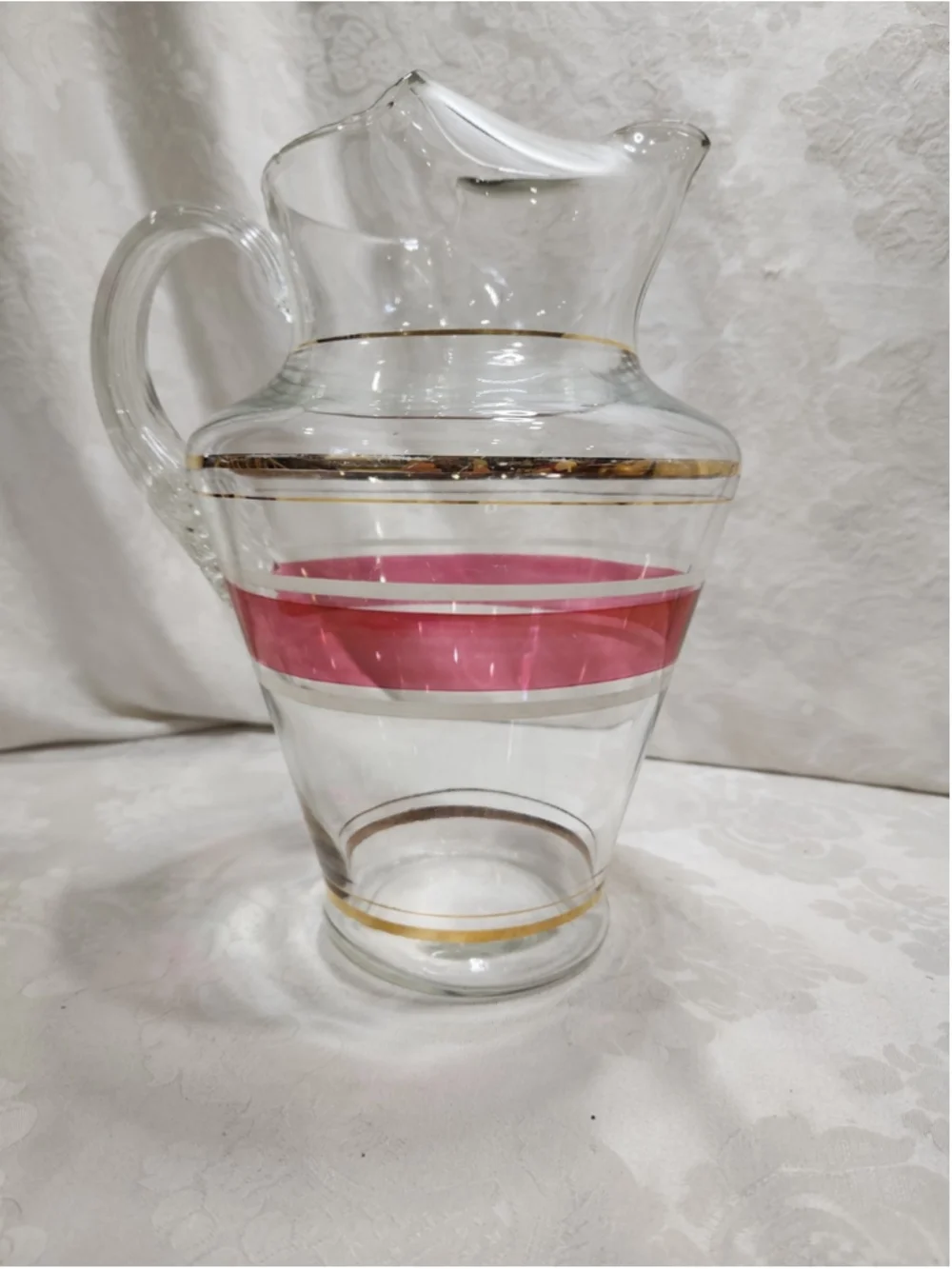 MCM Glass Pitcher Ice Lip Pink White Enamel Stripe Gold Trim Ribbed Handle